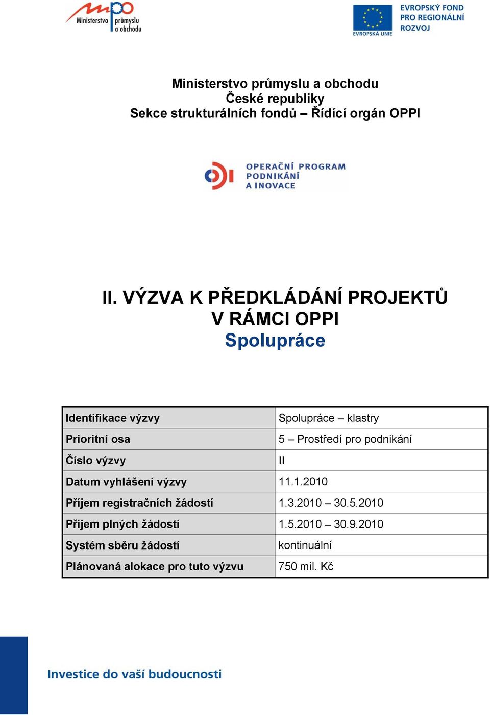 klastry 5 Prostředí pro podnikání II Datum vyhlášení výzvy 11.1.2010 Příjem registračních žádostí 1.3.2010 30.