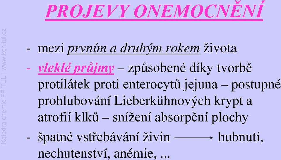 postupné prohlubování Lieberkühnových krypt a atrofií klků snížení