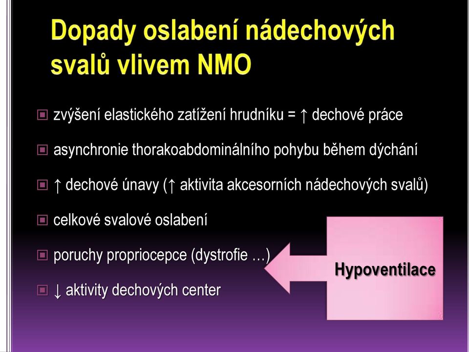 aktivita akcesorních nádechových svalů) celkové svalové oslabení