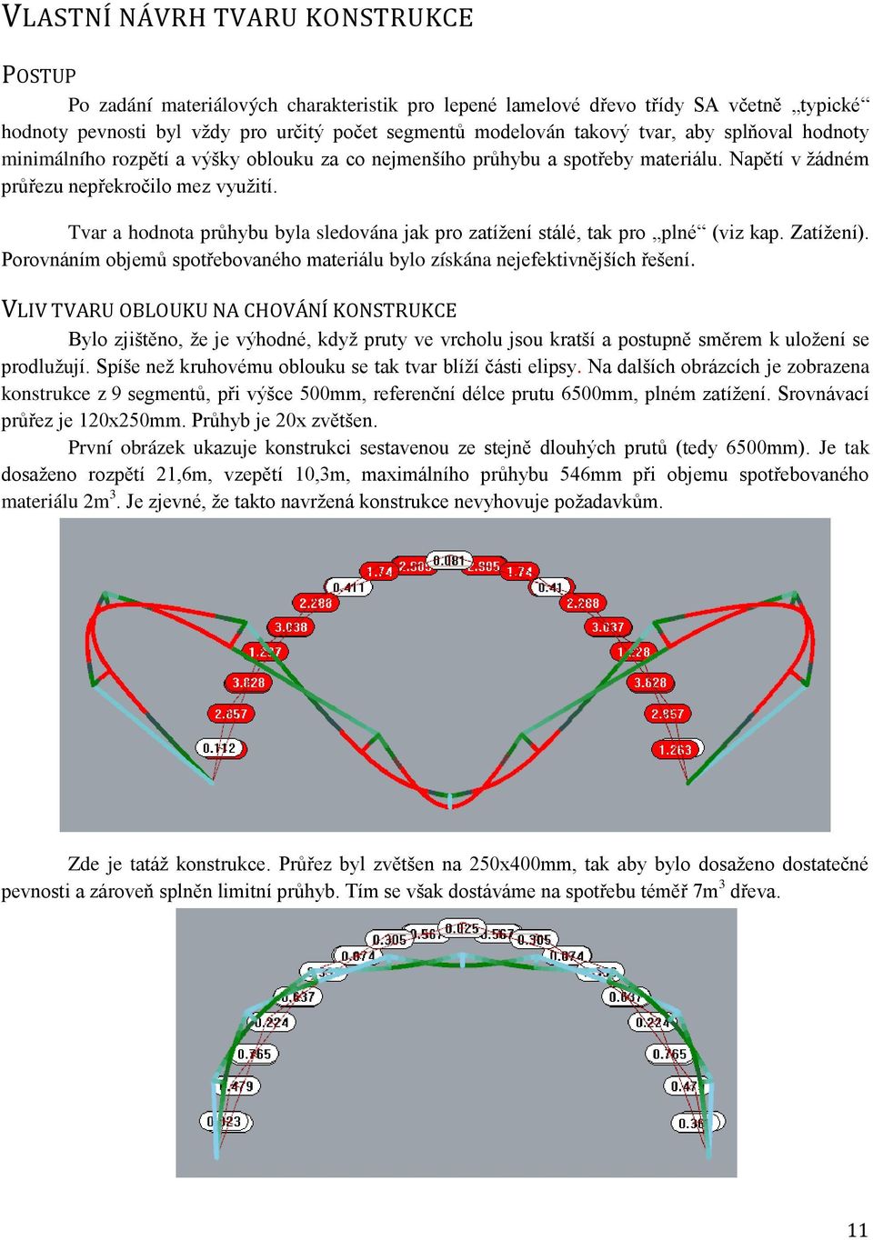 Tvar a hodnota průhybu byla sledována jak pro zatížení stálé, tak pro plné (viz kap. Zatížení). Porovnáním objemů spotřebovaného materiálu bylo získána nejefektivnějších řešení.