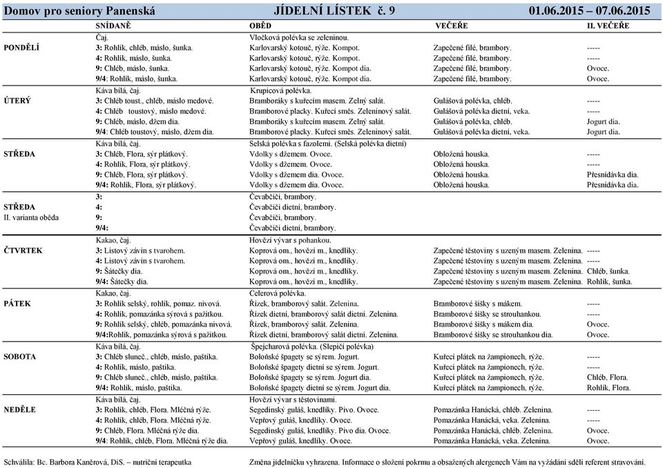 Zapečené filé, brambory. Ovoce. 9/4: Rohlík, máslo, šunka. Karlovarský kotouč, rýže. Kompot dia. Zapečené filé, brambory. Ovoce. Krupicová polévka. ÚTERÝ 3: Chléb toust., chléb, máslo medové.