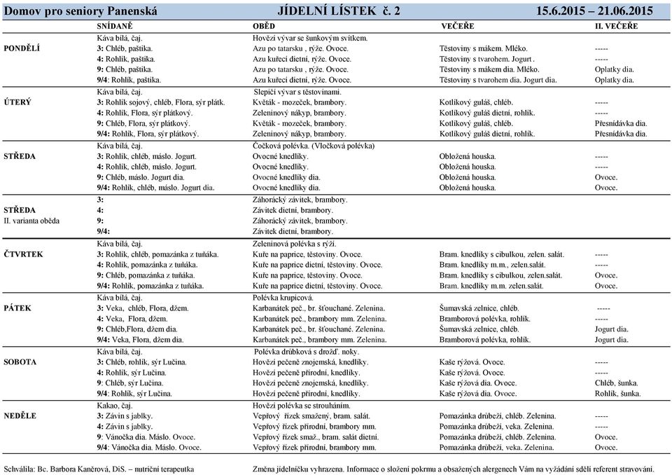 9/4: Rohlík, paštika. Azu kuřecí dietní, rýže. Ovoce. Těstoviny s tvarohem dia. Jogurt dia. Oplatky dia. Slepičí vývar s těstovinami. ÚTERÝ 3: Rohlík sojový, chléb, Flora, sýr plátk.