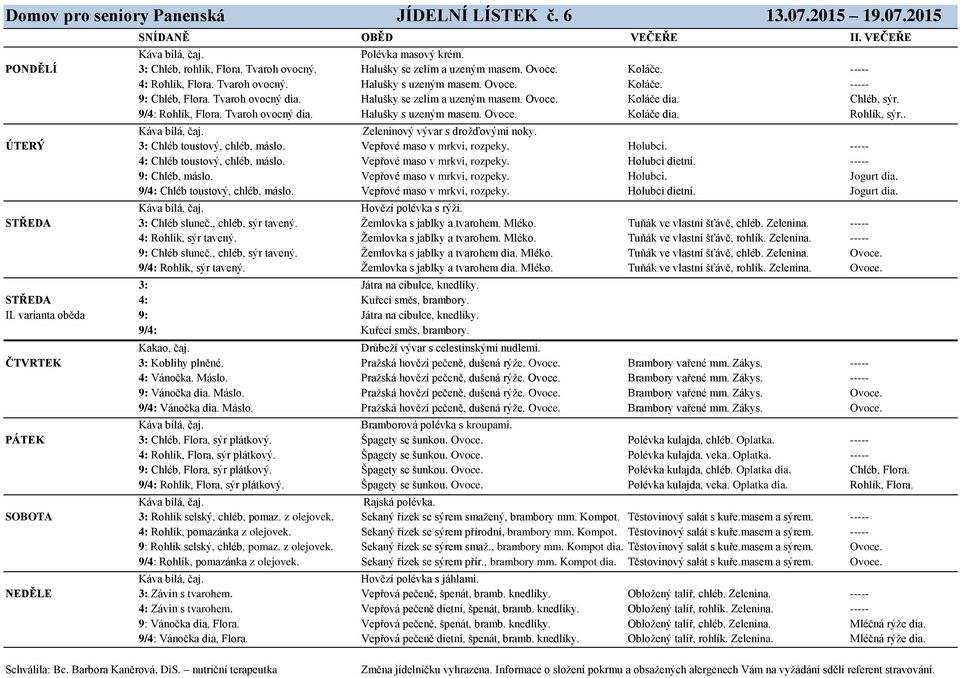 9/4: Rohlík, Flora. Tvaroh ovocný dia. Halušky s uzeným masem. Ovoce. Koláče dia. Rohlík, sýr.. Zeleninový vývar s drožďovými noky. ÚTERÝ 3: Chléb toustový, chléb, máslo.