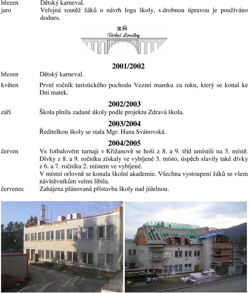 2003/2004 Ředitelkou školy se stala Mgr. Hana Svánovská. 2004/2005 Ve fotbalovém turnaji v Křižanově se hoši z 8. a 9. tříd umístili na 3. místě. Dívky z 8. a 9. ročníku získaly ve vybíjené 3.