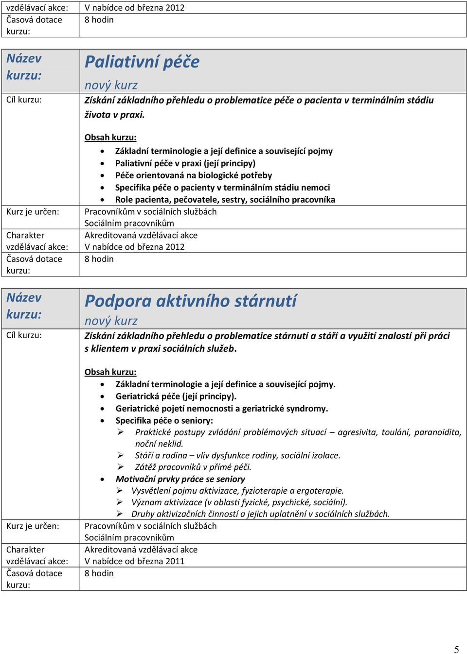 Role pacienta, pečovatele, sestry, sociálního pracovníka V nabídce od března 2012 Podpora aktivního stárnutí nový kurz Získání základního přehledu o problematice stárnutí a stáří a využití znalostí