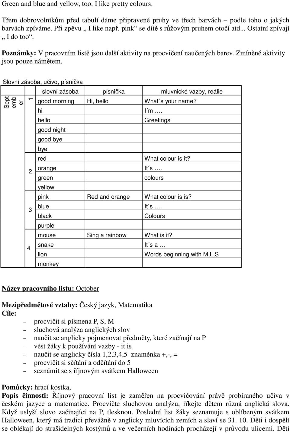 Slovní zásoba, učivo, písnička Sept emb er 1 2 3 4 slovní zásoba písnička mluvnické vazby, reálie good morning Hi, hello What s your name? hi hello good night good bye bye red orange green yellow I m.