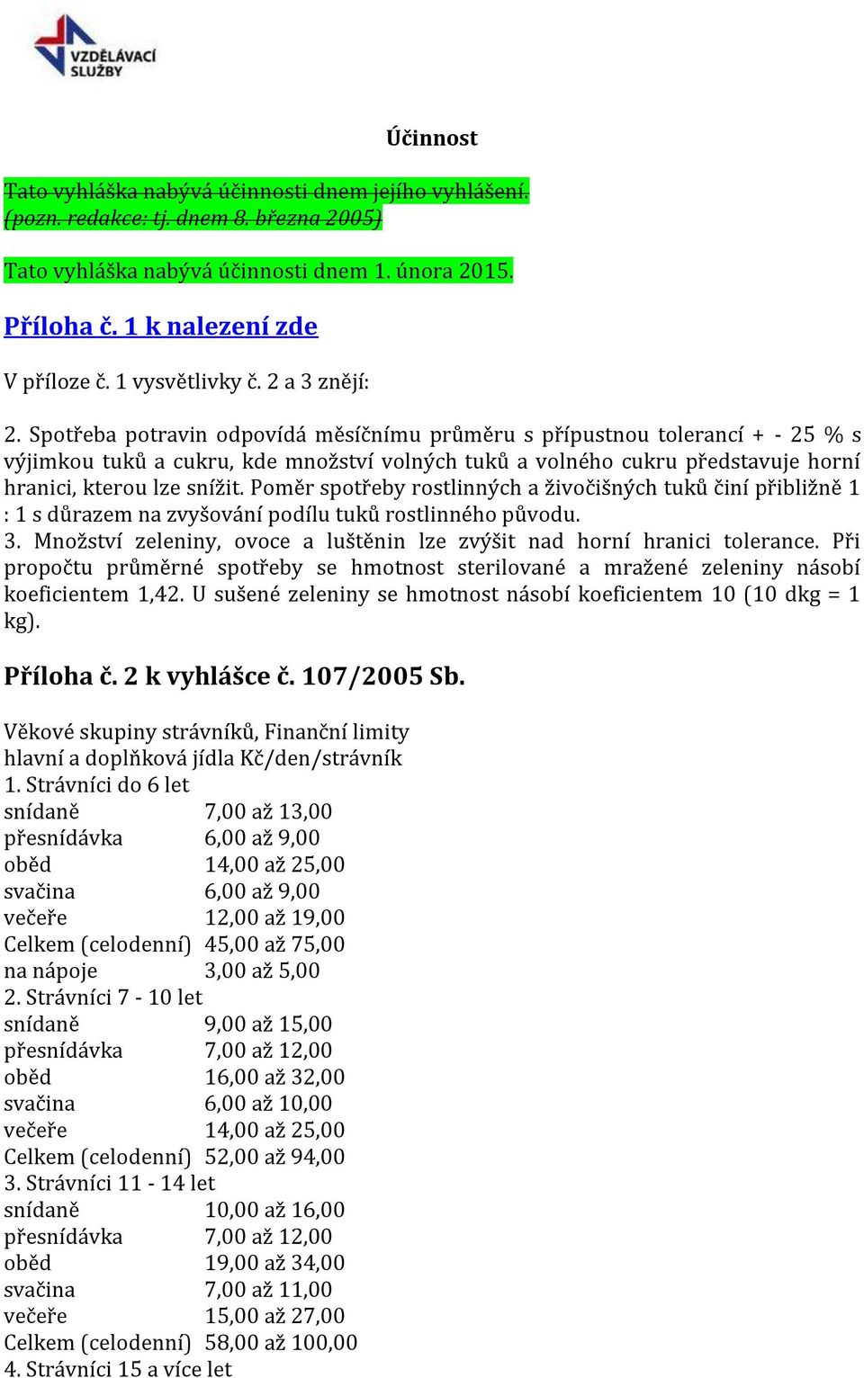 Spotřeba potravin odpovídá měsíčnímu průměru s přípustnou tolerancí + - 25 % s výjimkou tuků a cukru, kde množství volných tuků a volného cukru představuje horní hranici, kterou lze snížit.