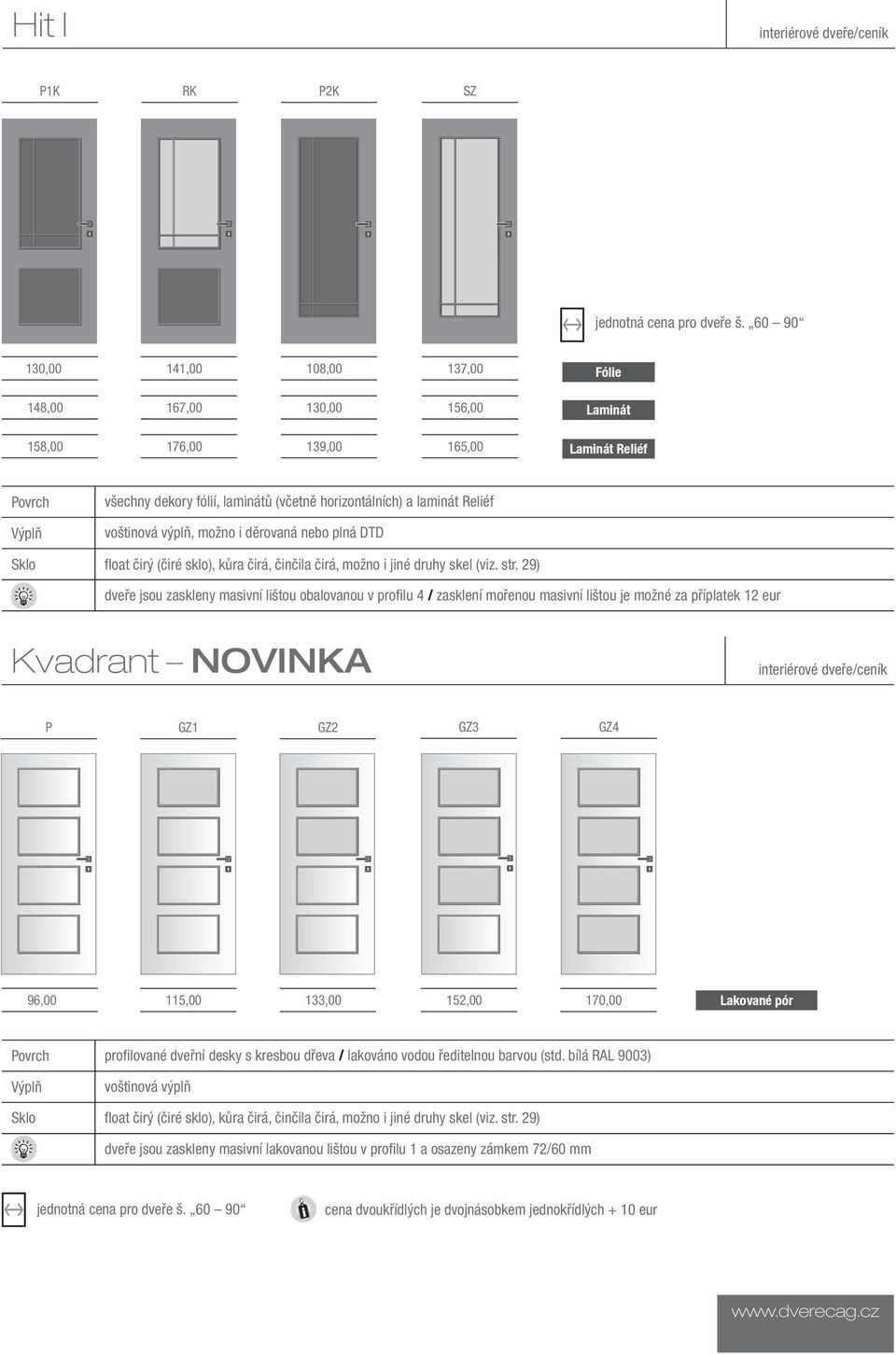 eur Kvadrant NOVINKA P GZ1 GZ2 GZ3 GZ4 96,00 115,00 133,00 152,00 170,00 Lakované pór profilované dveřní desky s kresbou dřeva / lakováno vodou ředitelnou barvou (std.