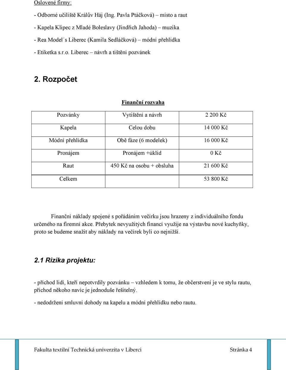 Rozpočet Finanční rozvaha Pozvánky Vytištění a návrh 2 200 Kč Kapela Celou dobu 14 000 Kč Módní přehlídka Obě fáze (6 modelek) 16 000 Kč Pronájem Pronájem +úklid 0 Kč Raut 450 Kč na osobu + obsluha
