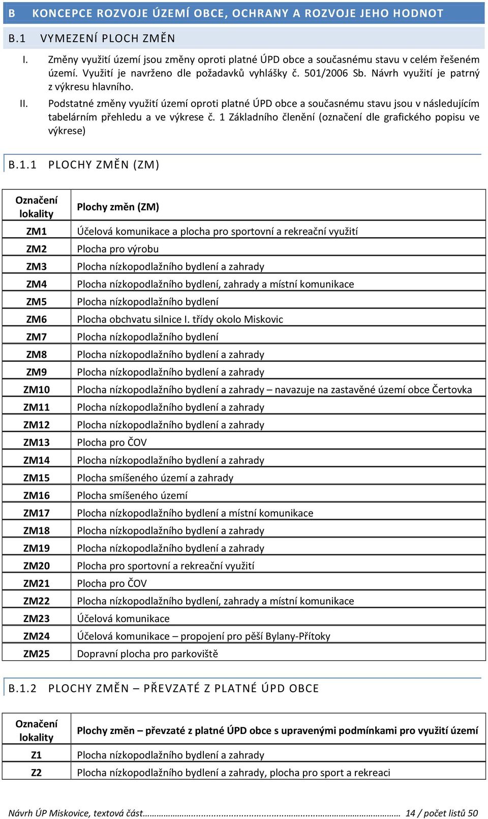 Podstatné změny využití území oproti platné ÚPD obce a současnému stavu jsou v následujícím tabelárním přehledu a ve výkrese č. 1 