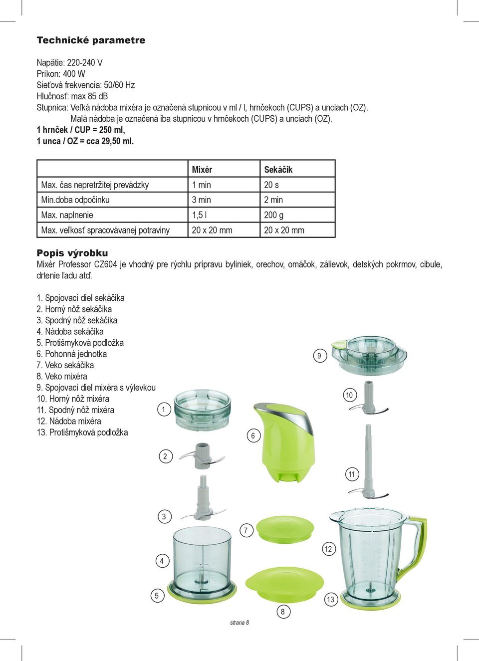 doba odpočinku 3 min 2 min Max. naplnenie 1,5 l 200 g Max.