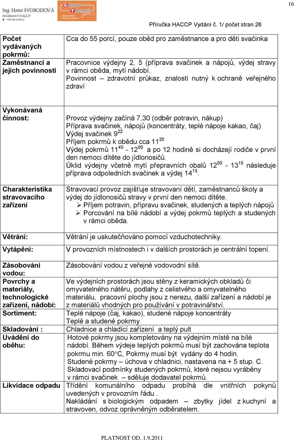 Povinnost zdravotní průkaz, znalosti nutný k ochraně veřejného zdraví Vykonávaná činnost: Charakteristika stravovacího zařízení Větrání: Vytápění: Provoz výdejny začíná 7,30 (odběr potravin, nákup)