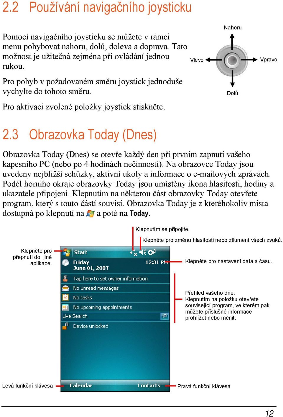 3 Obrazovka Today (Dnes) Vlevo Nahoru Dolů Vpravo Obrazovka Today (Dnes) se otevře každý den při prvním zapnutí vašeho kapesního PC (nebo po 4 hodinách nečinnosti).