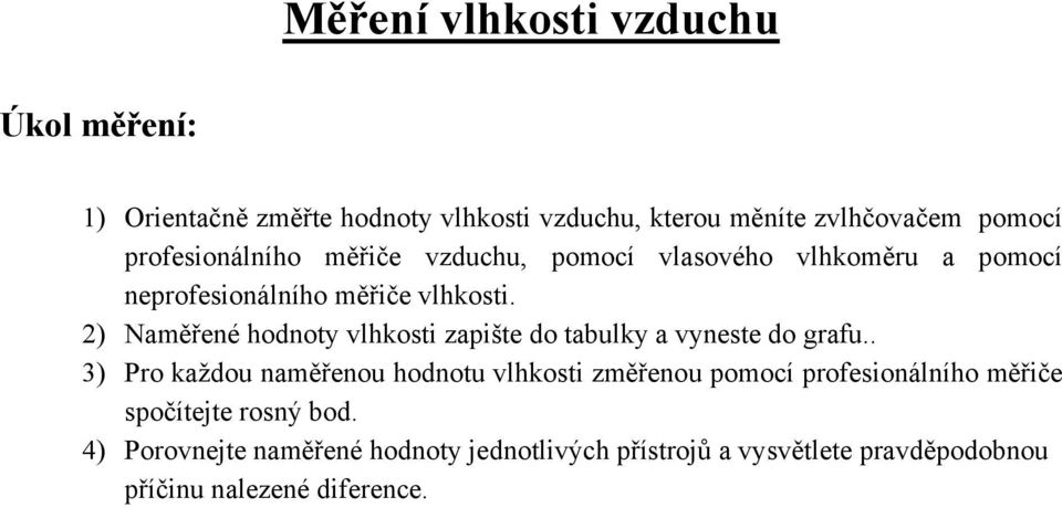 2) Naměřené hodnoty vlhkosti zaište do tabulky a vyneste do grafu.