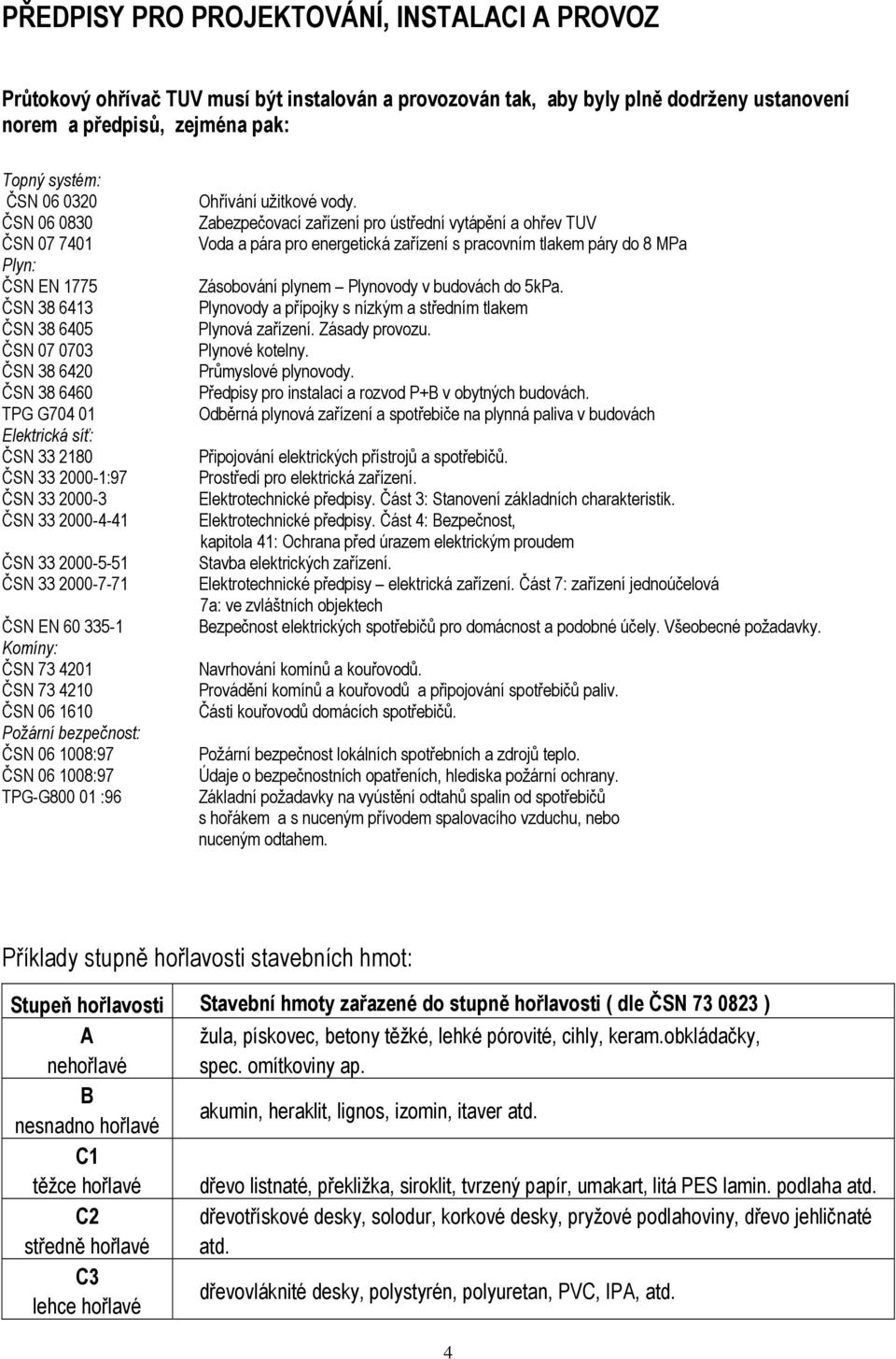 2000-5-51 ČSN 33 2000-7-71 ČSN EN 60 335-1 Komíny: ČSN 73 4201 ČSN 73 4210 ČSN 06 1610 Požární bezpečnost: ČSN 06 1008:97 ČSN 06 1008:97 TPG-G800 01 :96 Ohřívání užitkové vody.