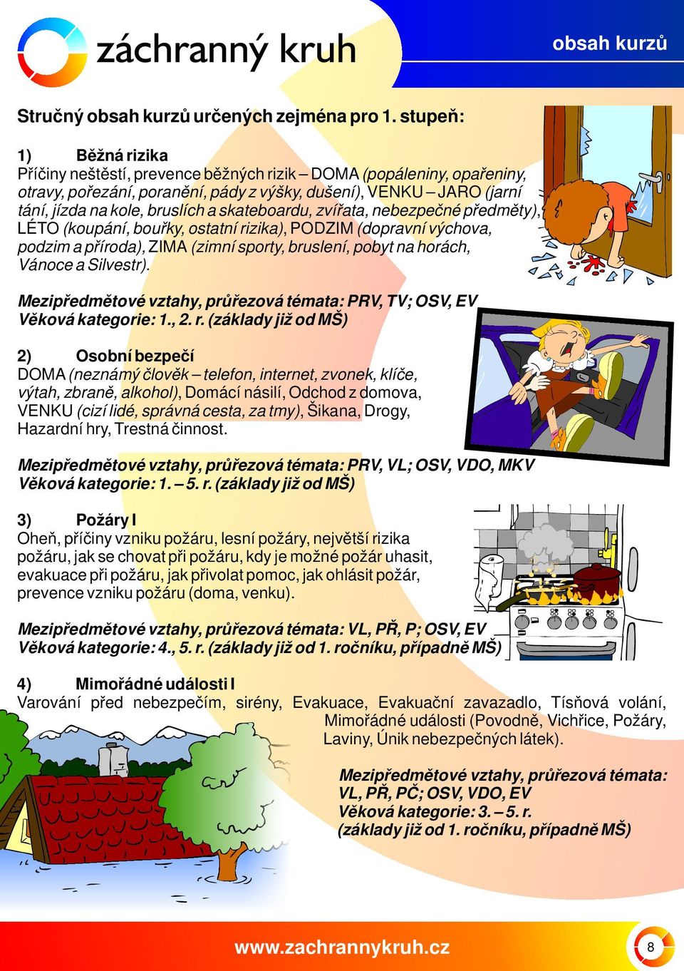 skateboardu, zvířata, nebezpečné předměty), LÉTO (koupání, bouřky, ostatní rizika), PODZIM (dopravní výchova, podzim a příroda), ZIMA (zimní sporty, bruslení, pobyt na horách, Vánoce a Silvestr).