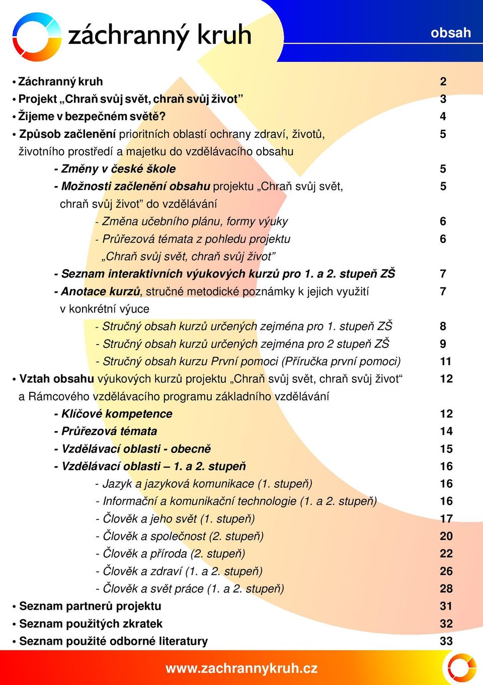 chraň svůj život do vzdělávání - Změna učebního plánu, formy výuky 6 - Průřezová témata z pohledu projektu 6 Chraň svůj svět, chraň svůj život - Seznam interaktivních výukových kurzů pro 1. a 2.