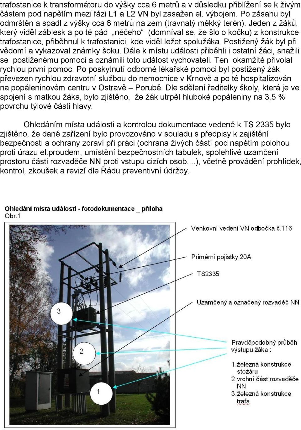 Jeden z žáků, který viděl záblesk a po té pád něčeho (domníval se, že šlo o kočku) z konstrukce trafostanice, přiběhnul k trafostanici, kde viděl ležet spolužáka.