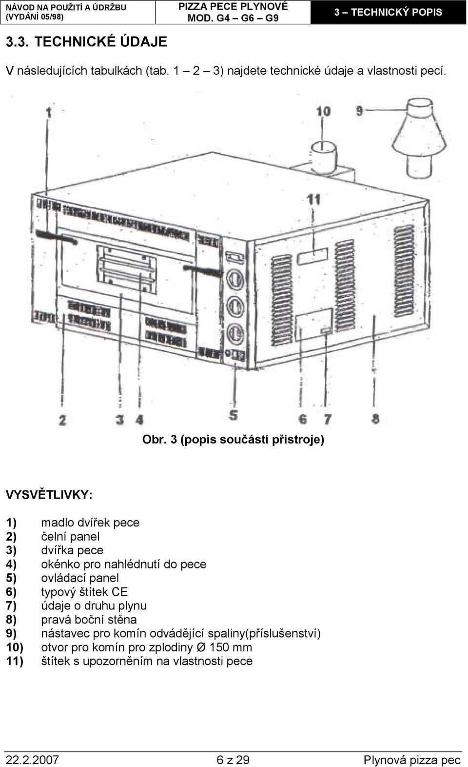 5) ovládací panel 6) typový štítek CE 7) údaje o druhu plynu 8) pravá boční stěna 9) nástavec pro komín odvádějící