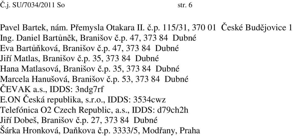 p. 53, 373 84 Dubné ČEVAK a.s., IDDS: 3ndg7rf E.ON Česká republika, s.r.o., IDDS: 3534cwz Telefónica O2 Czech Republic, a.s., IDDS: d79ch2h Jiří Dobeš, Branišov č.