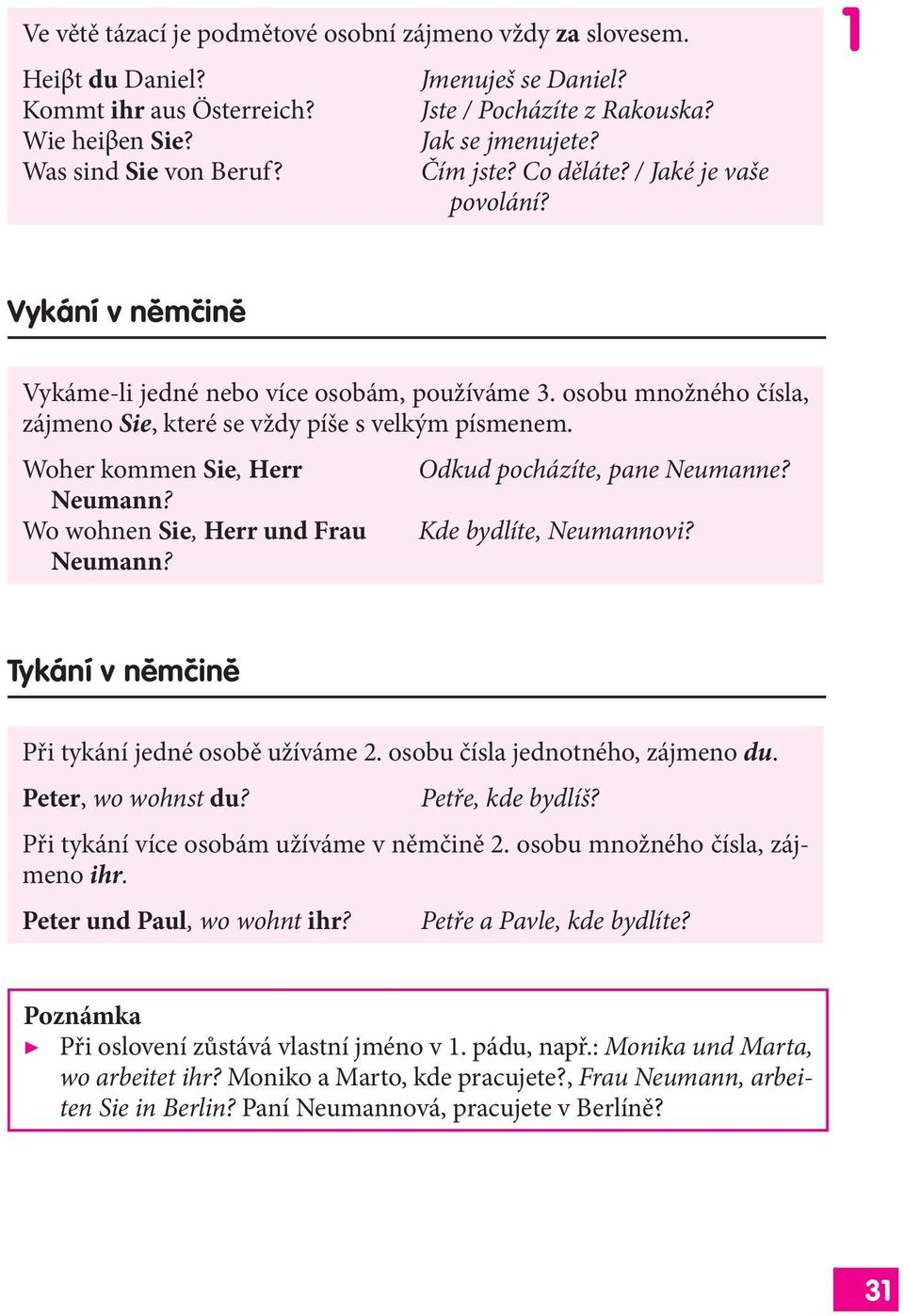 osobu množného čísla, zájmeno Sie, které se vždy píše s velkým písmenem. Woher kommen Sie, Herr Neumann? Wo wohnen Sie, Herr und Frau Neumann? Odkud pocházíte, pane Neumanne? Kde bydlíte, Neumannovi?