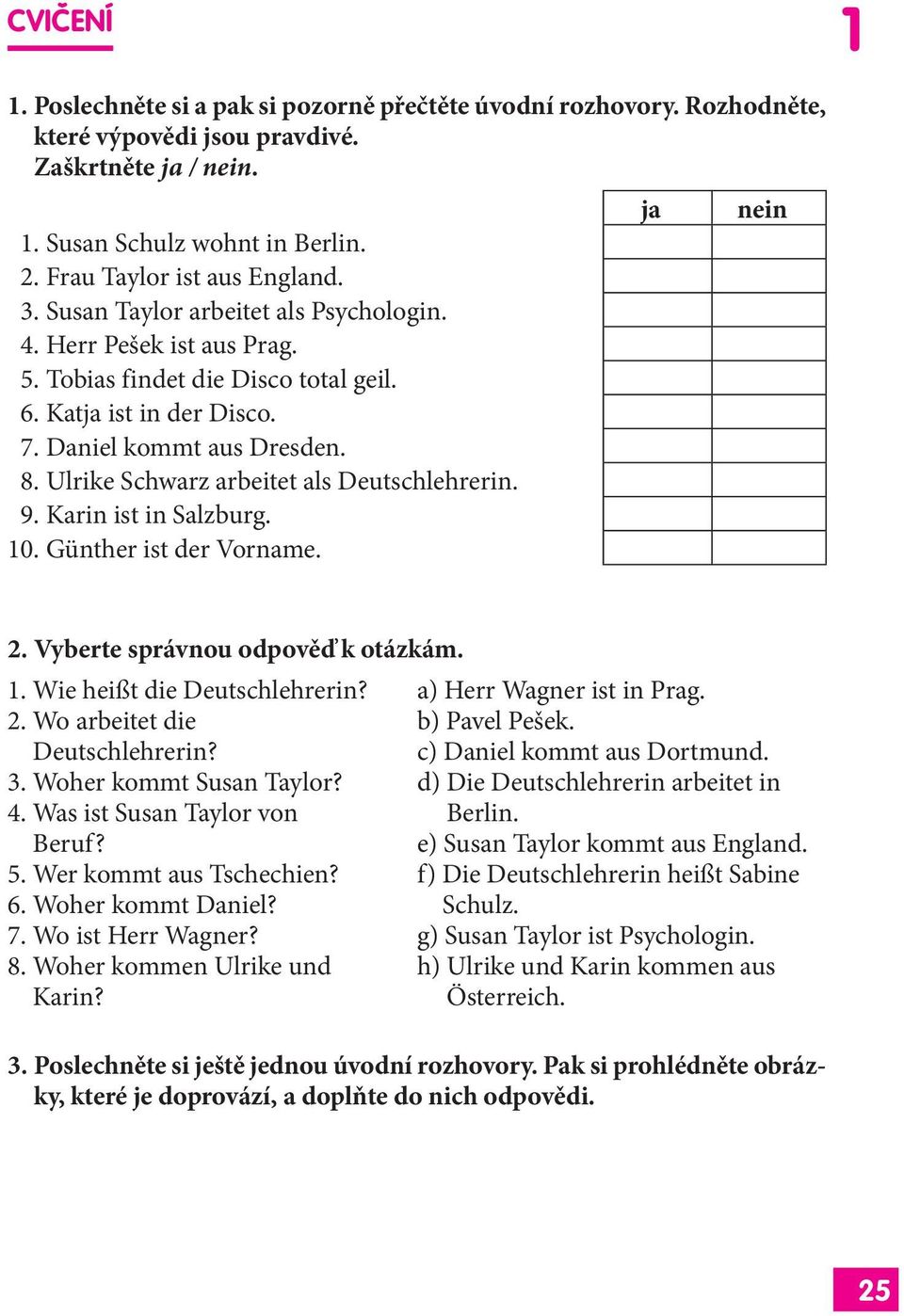 Ulrike Schwarz arbeitet als Deutschlehrerin. 9. Karin ist in Salzburg. 0. Günther ist der Vorname. 2. Vyberte správnou odpověď k otázkám.. Wie heißt die Deutschlehrerin? 2. Wo arbeitet die Deutschlehrerin?