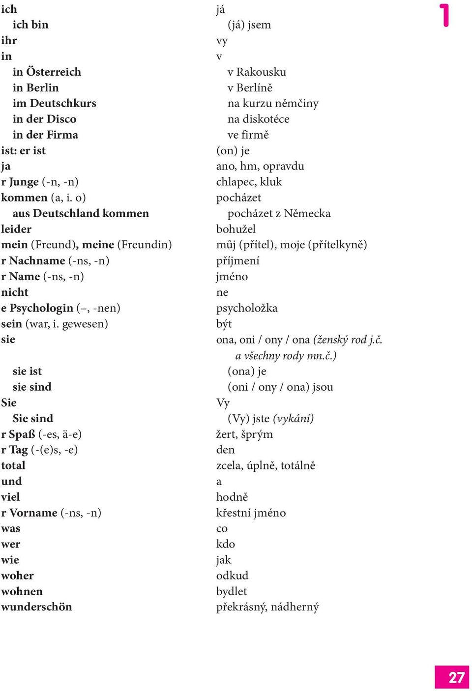 gewesen) sie sie ist sie sind Sie Sie sind r Spaß (-es, ä-e) r Tag (-(e)s, -e) total und viel r Vorname (-ns, -n) was wer wie woher wohnen wunderschön já (já) jsem vy v v Rakousku v Berlíně na kurzu