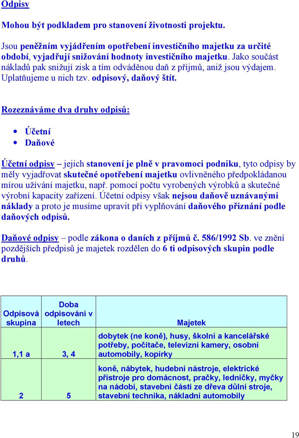 Rozeznáváme dva druhy odpisů: Účetní Daňové Účetní odpisy jejich stanovení je plně v pravomoci podniku, tyto odpisy by měly vyjadřovat skutečné opotřebení majetku ovlivněného předpokládanou mírou