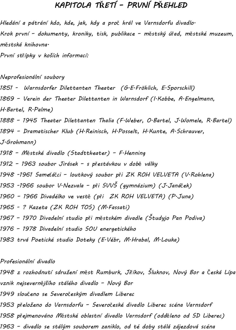 Palme) 1888 1945 Theater Dilettanten Thalia (F.Weber, O.Bartel, J.Wmele, R.Bartel) 1894 Dramatischer Klub (H.Reinisch, H.Psselt, H.Kunte, A.Schrauver, J.Grhmann) 1918 Městské divadl (Stadttheater) F.