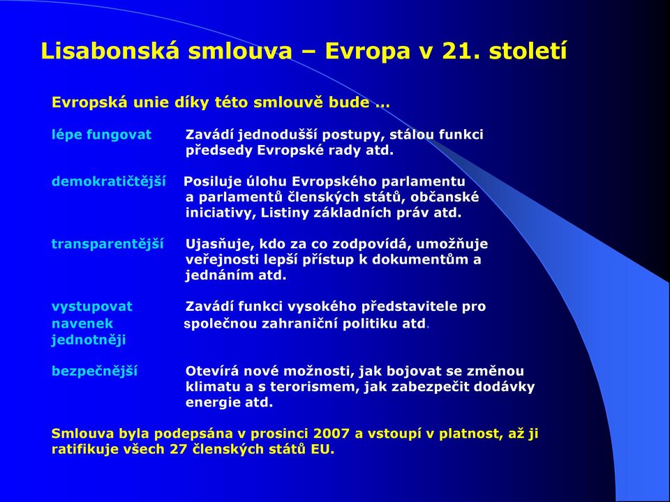 Evropské rady atd. Posiluje úlohu Evropského parlamentu a parlamentů členských států, občanské iniciativy, Listiny základních práv atd.