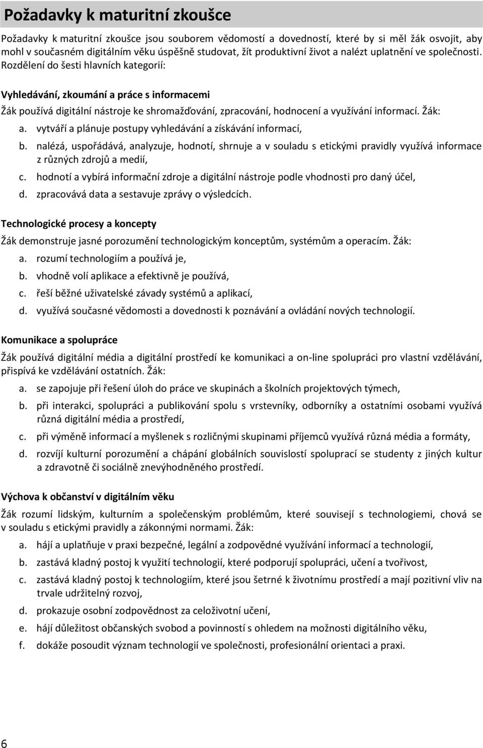 Rozdělení do šesti hlavních kategorií: Vyhledávání, zkoumání a práce s informacemi Žák používá digitální nástroje ke shromažďování, zpracování, hodnocení a využívání informací. Žák: a.