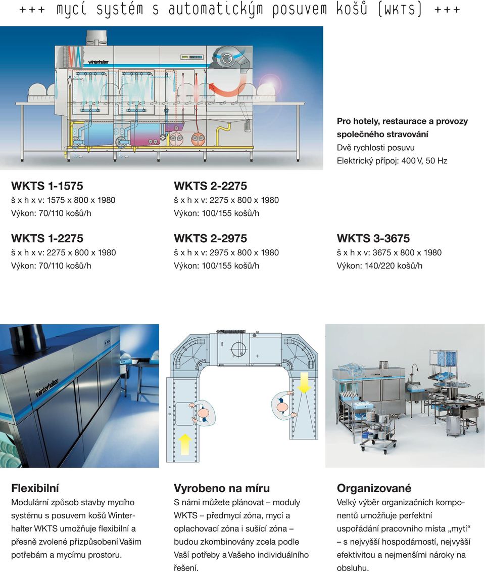 h x v: 3675 x 800 x 1980 Výkon: 140/220 košů/h Flexibilní Modulární způsob stavby mycího systému s posuvem košů Winterhalter WKTS umožňuje flexibilní a přesně zvolené přizpůsobení Vašim potřebám a