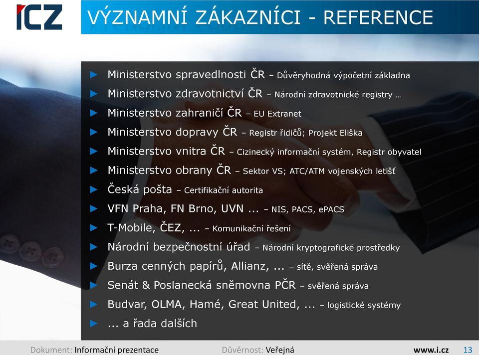 Certifikační autorita VFN Praha, FN Brno, UVN... NIS, PACS, epacs T-Mobile, ČEZ,... Komunikační řešení Národní bezpečnostní úřad Národní kryptografické prostředky Burza cenných papírŧ, Allianz,.