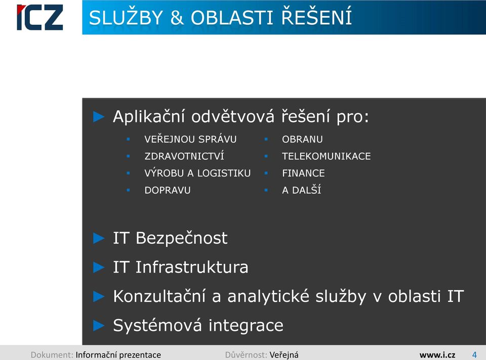 DALŠÍ IT Bezpečnost IT Infrastruktura Konzultační a analytické sluţby v