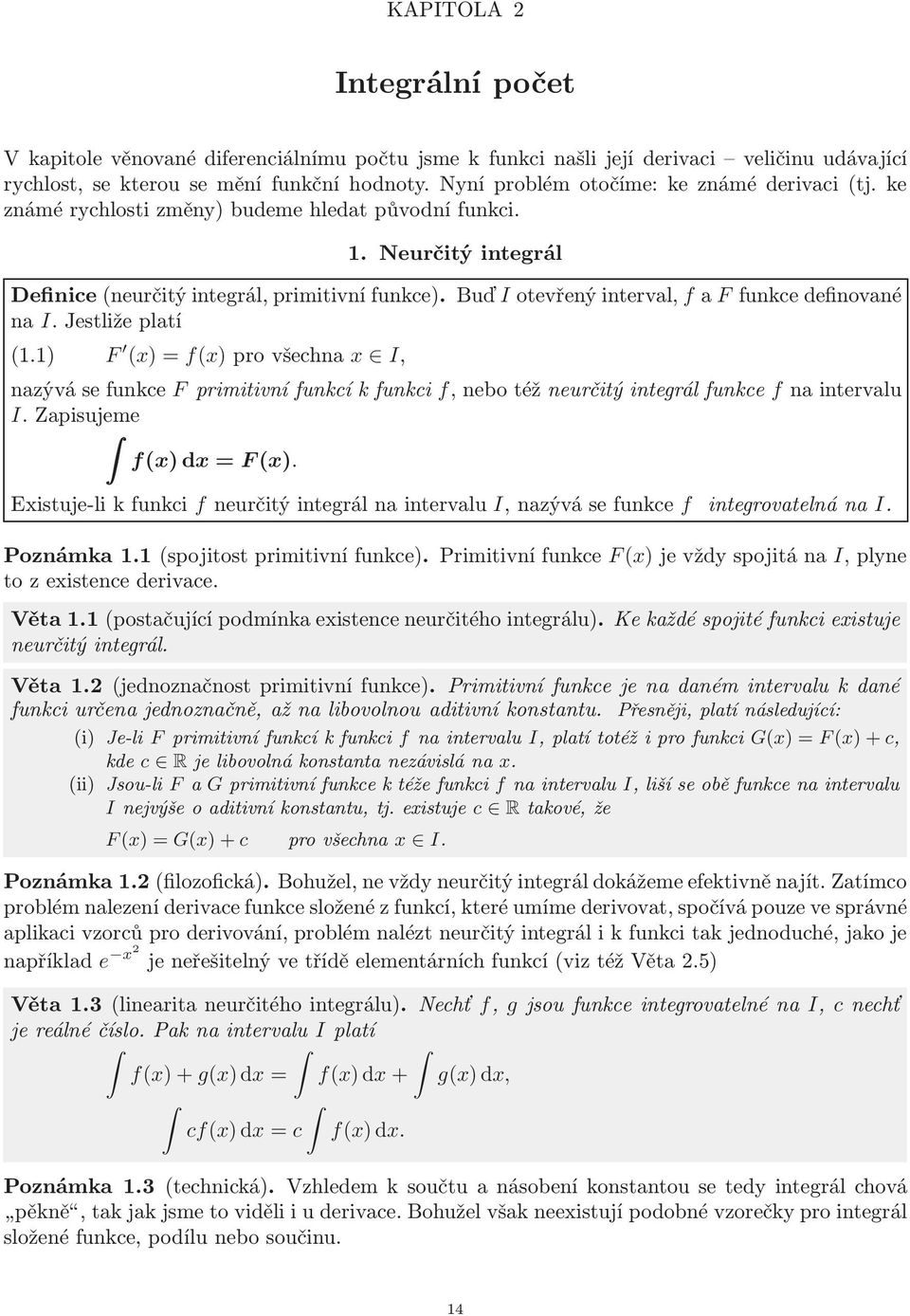 Buď I otevřený intervl, f F funkce definovné n I. Jestliže pltí (1.1) F (x) = f(x)provšechn x I, nzývásefunkce Fprimitivnífunkcíkfunkci f,nebotéžneurčitýintegrálfunkce fnintervlu I.