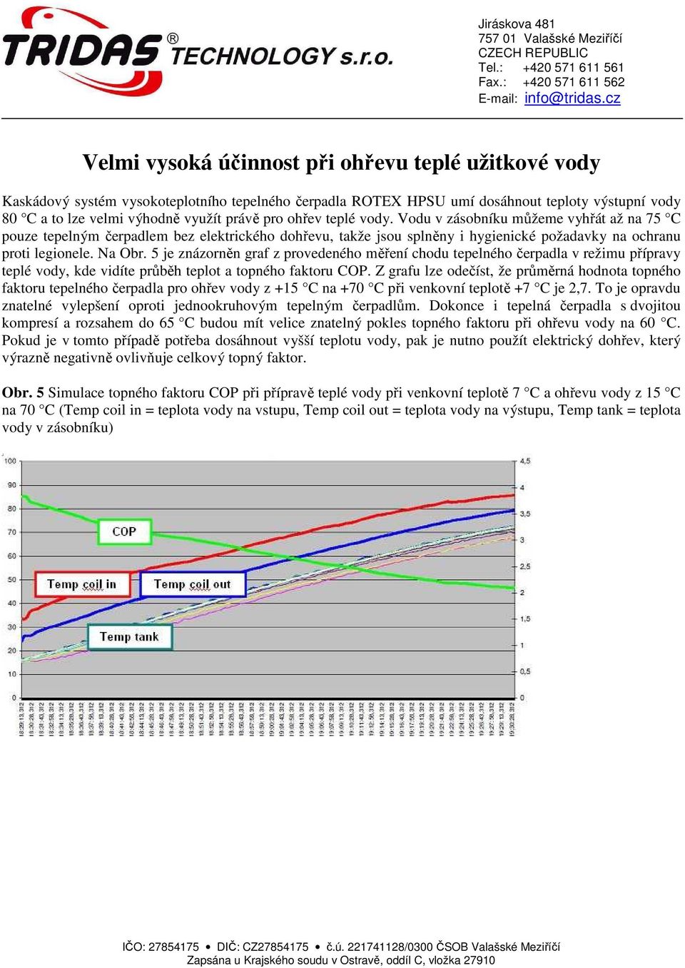 5 je znázorněn graf z provedeného měření chodu tepelného čerpadla v režimu přípravy teplé vody, kde vidíte průběh teplot a topného faktoru COP.