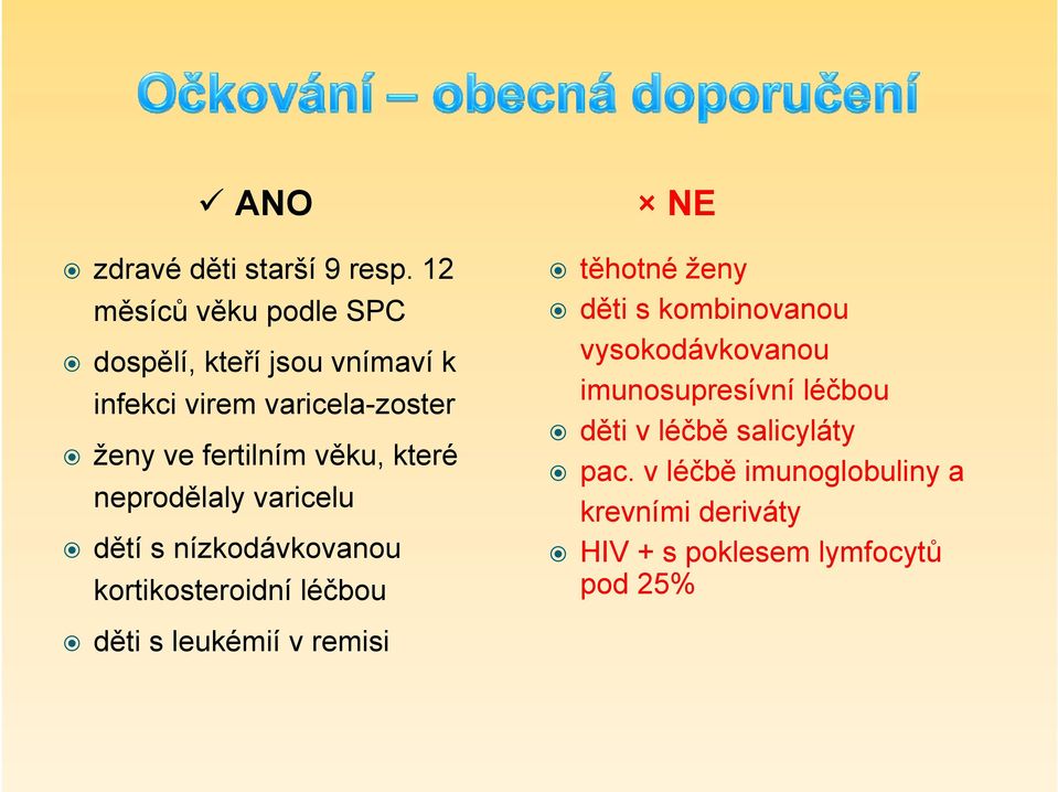 věku, které neprodělaly varicelu dětí s nízkodávkovanou kortikosteroidní léčbou děti s leukémií v remisi