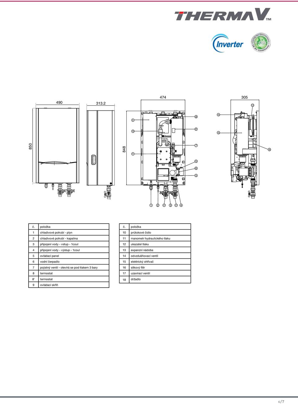 1coul 5 ovládací panel 6 vodní čerpadlo 7 pojistný ventil - otevírá se pod tlakem 3 bary 8 termostat 8 termostat 9 ovládací skříň č.