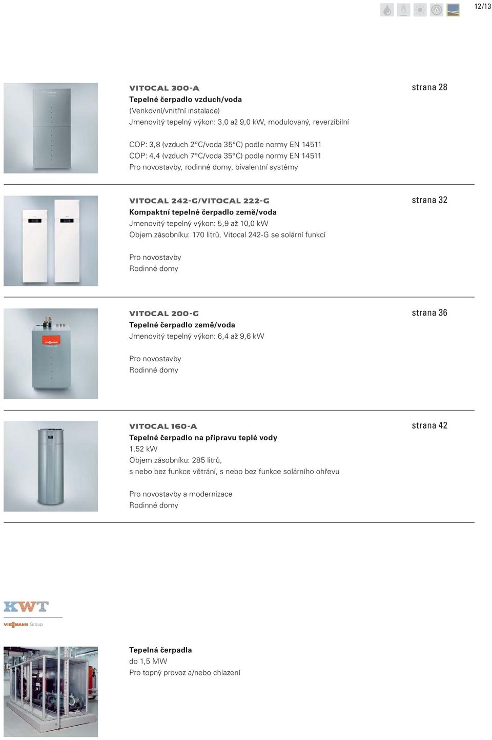 5,9 až 10,0 kw Objem zásobníku: 170 litrů, Vitocal 242-G se solární funkcí strana 32 Pro novostavby Rodinné domy VITOCAL 200-G Tepelné čerpadlo země/voda Jmenovitý tepelný výkon: 6,4 až 9,6 kw strana