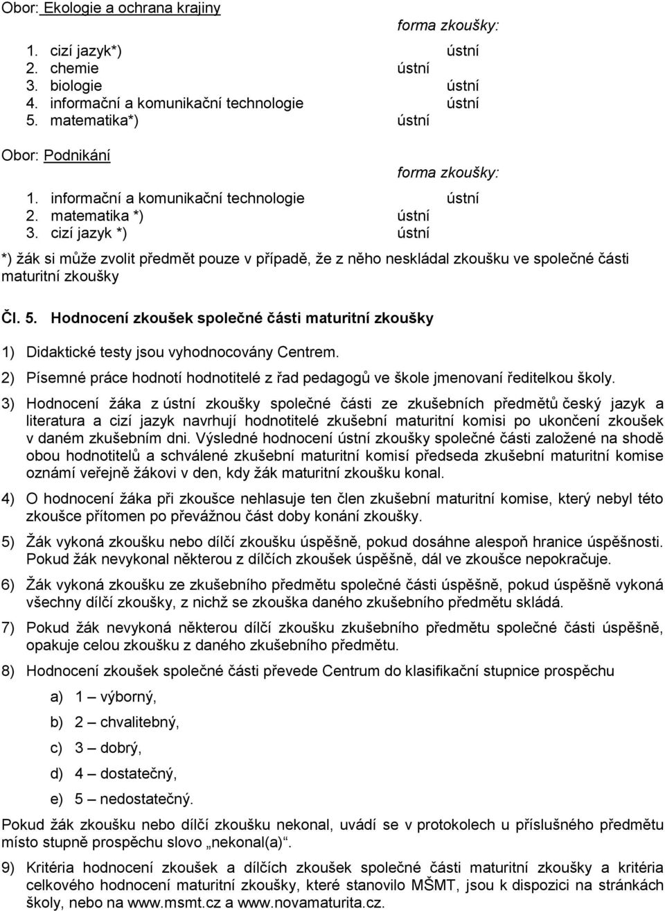 cizí jazyk *) ústní *) ţák si můţe zvolit předmět pouze v případě, ţe z něho neskládal zkoušku ve společné části maturitní zkoušky Čl. 5.