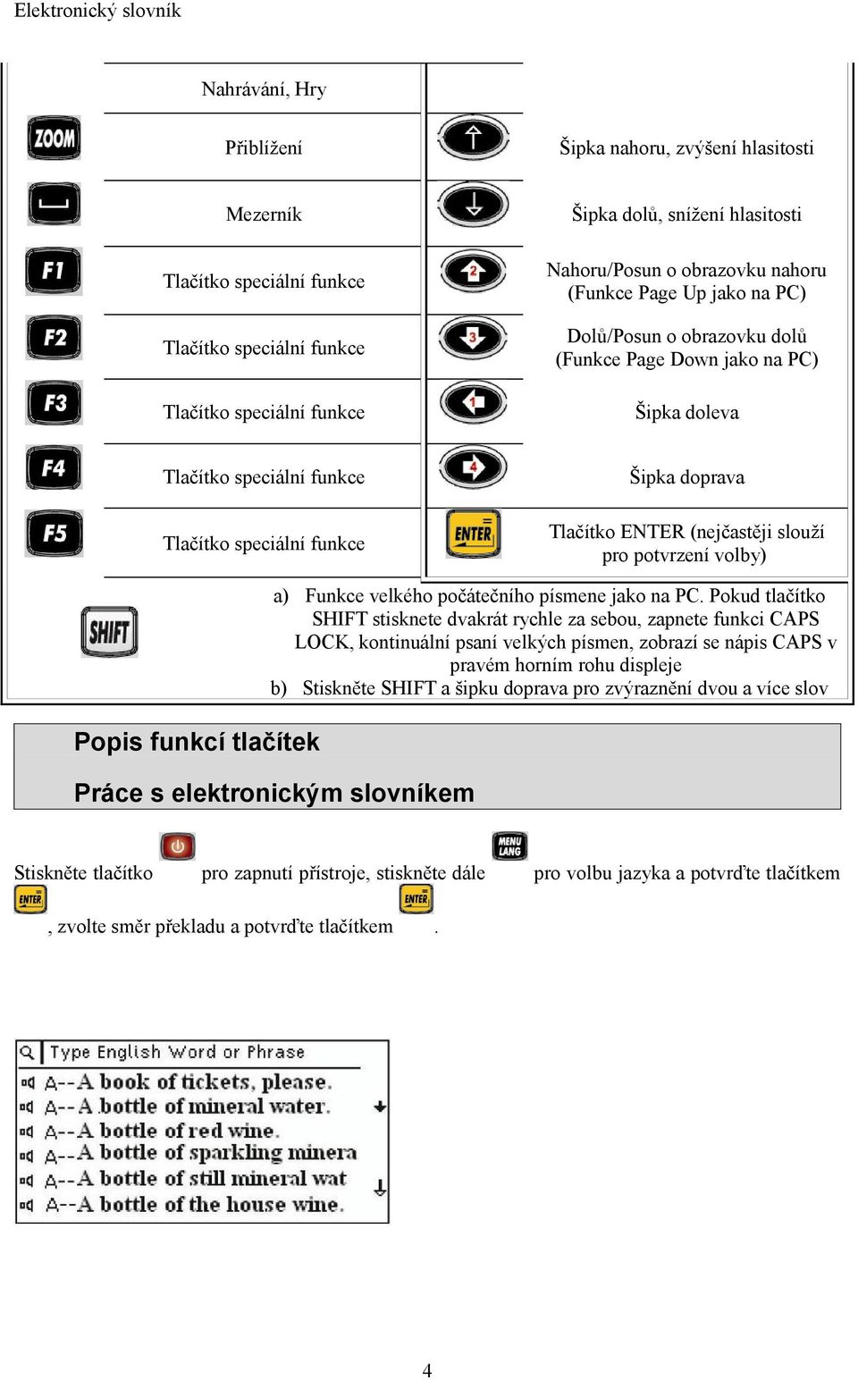 Pokud tlačítko SHIFT stisknete dvakrát rychle za sebou, zapnete funkci CAPS LOCK, kontinuální psaní velkých písmen, zobrazí se nápis CAPS v pravém horním rohu displeje b) Stiskněte SHIFT a šipku