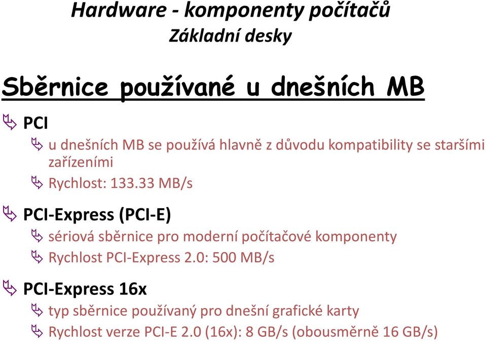 33 MB/s PCI-Express (PCI-E) sériová sběrnice pro moderní počítačové komponenty Rychlost