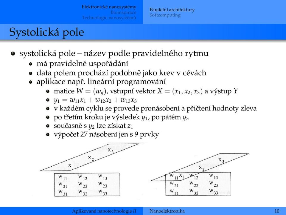 lineární programování matice W = (w ij ), vstupní vektor X = (x 1, x 2, x 3 ) a výstup Y y 1 = w 11 x 1 + w 12 x 2 + w 13 x 3 v každém cyklu se