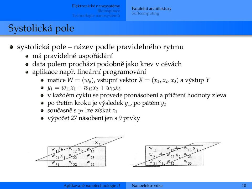 lineární programování matice W = (w ij ), vstupní vektor X = (x 1, x 2, x 3 ) a výstup Y y 1 = w 11 x 1 + w 12 x 2 + w 13 x 3 v každém cyklu se