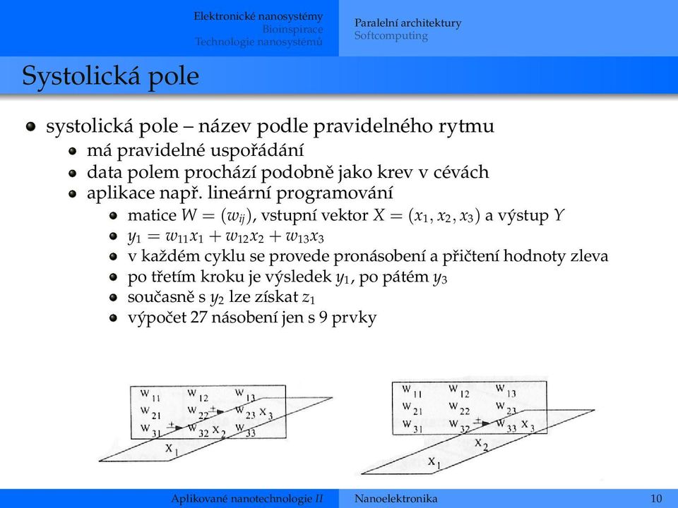 lineární programování matice W = (w ij ), vstupní vektor X = (x 1, x 2, x 3 ) a výstup Y y 1 = w 11 x 1 + w 12 x 2 + w 13 x 3 v každém cyklu se