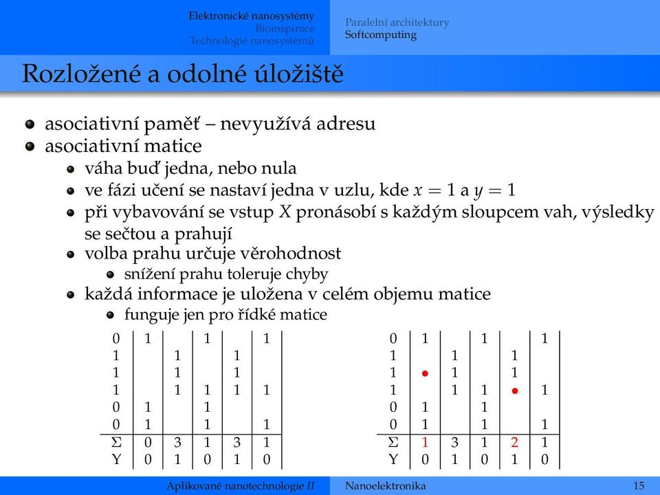 výsledky se sečtou a prahují volba prahu určuje věrohodnost snížení prahu toleruje chyby každá informace je uložena v celém objemu matice funguje jen pro řídké matice