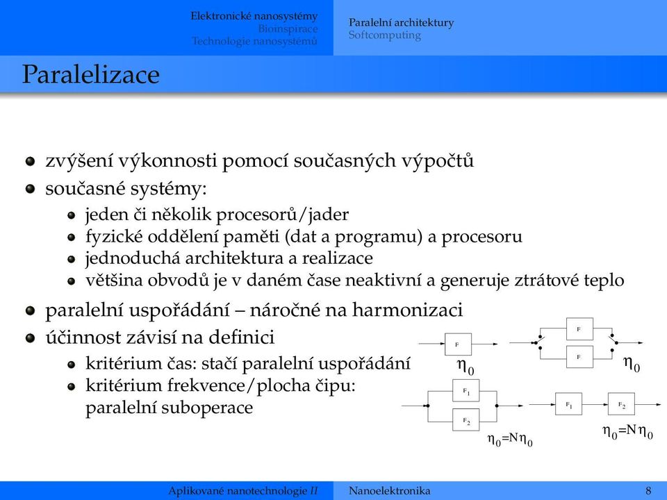 v daném čase neaktivní a generuje ztrátové teplo paralelní uspořádání náročné na harmonizaci F účinnost závisí na definici F F kritérium čas: stačí paralelní