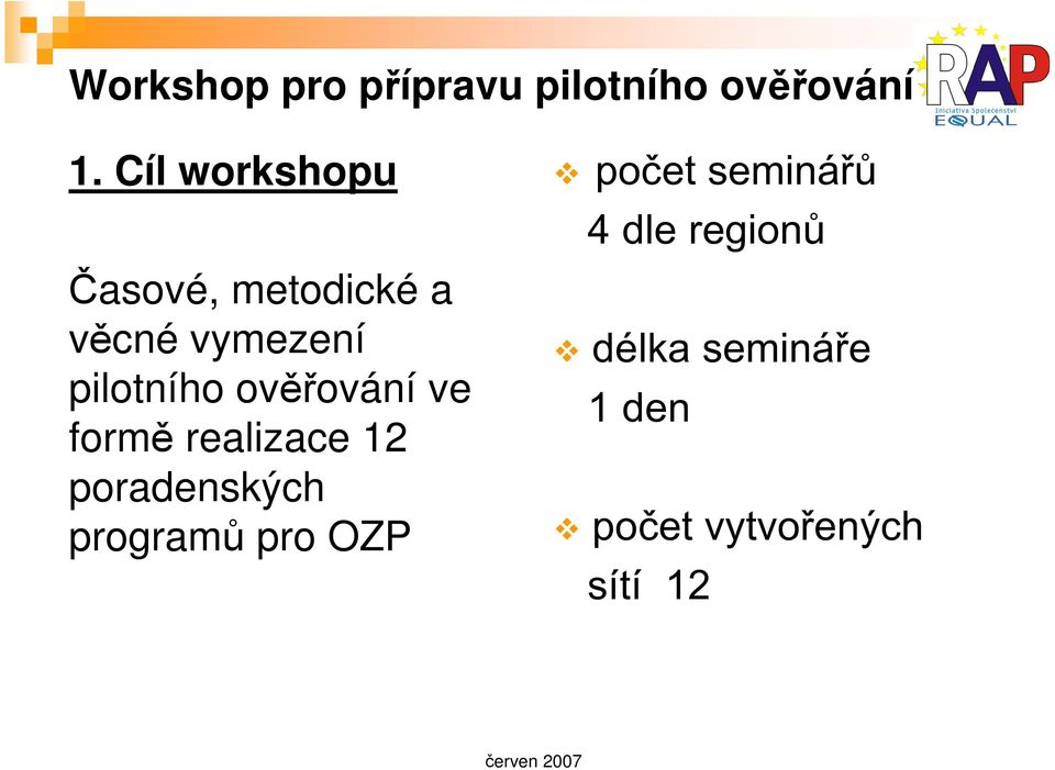 ověřování ve formě realizace 12 poradenských programů pro