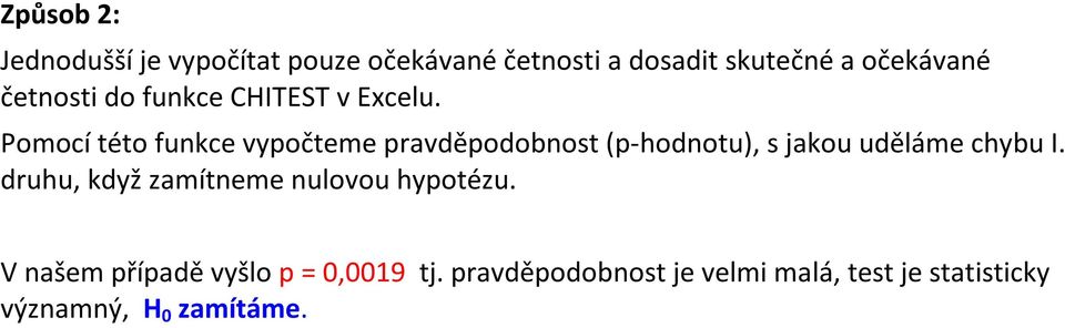 Pomocí této funkce vypočteme pravděpodobnost (p-hodnotu), s jakou uděláme chybu I.