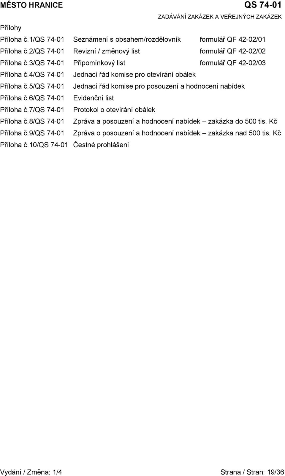 5/qs 74-01 Jednací řád komise pro posouzení a hodnocení nabídek Příloha č.6/qs 74-01 Evidenční list Příloha č.7/qs 74-01 Protokol o otevírání obálek Příloha č.